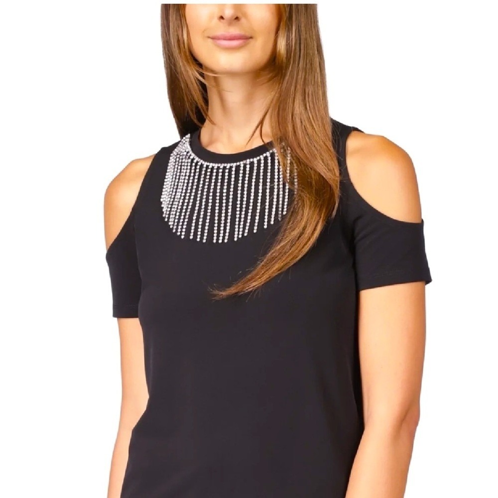 Michael Kors Black Cold Shoulder Rhinestone Fringe Bib Top Plus Size 1X